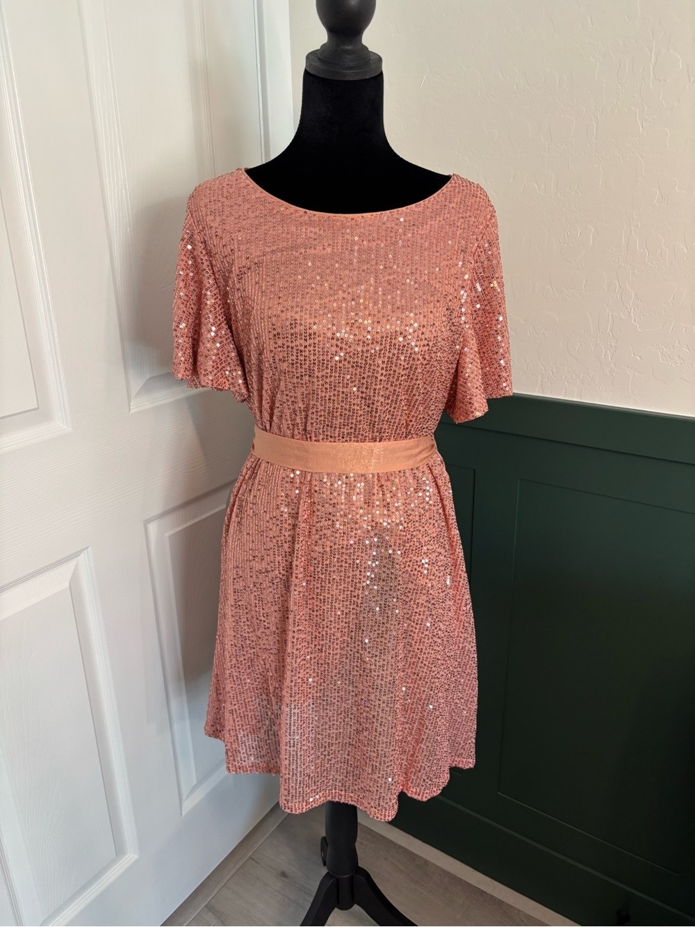 LC Lauren Conrad Rose Gold Sequin Mini Dress with Belt Size L